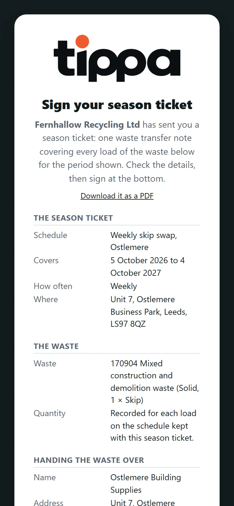 A customer's phone showing a season ticket from Fernhallow Recycling Ltd to check and sign: the period, how often, where, and the waste.