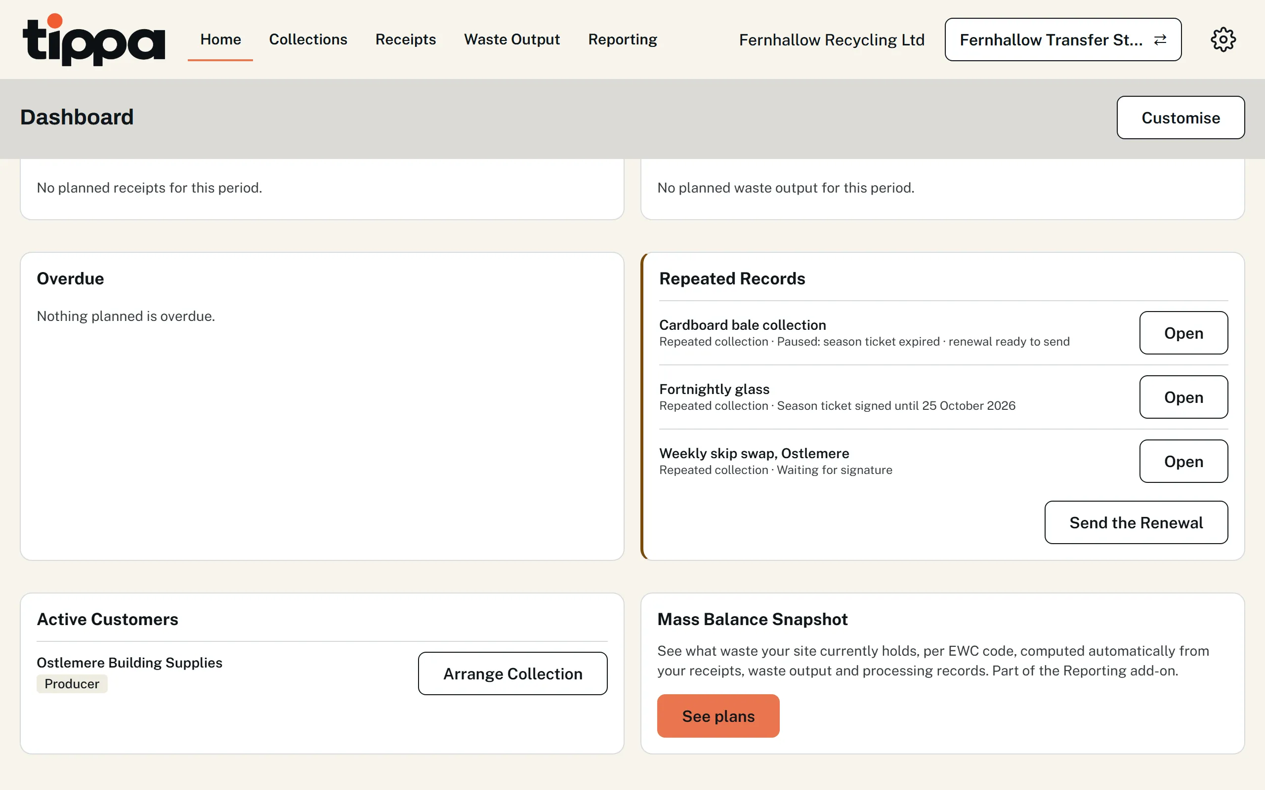 The Tippa dashboard's Repeated Records card: a paused schedule with its renewal ready to send, one signed until later in the month, one waiting for a signature, and a Send the Renewal button.